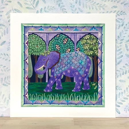Happy Elephant Strolling in Night Garden - Unframed Print