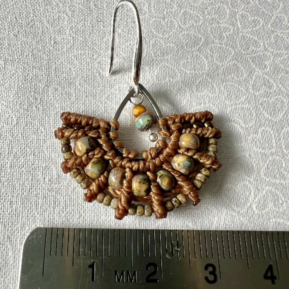 Brown Micro Macrame Earrings - Brown Miyuki +Free Microfibre Pouch