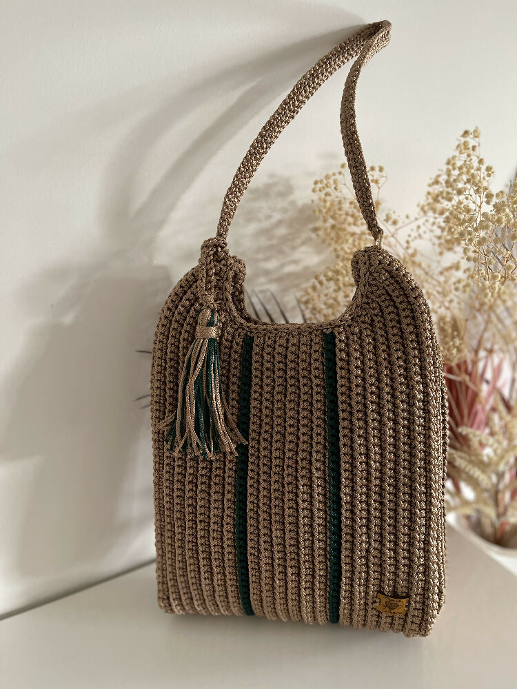 Crochet Stripe Bag, Lightweight Shoulder Strap, Tassel, Navy-White-Red or Green-Gold