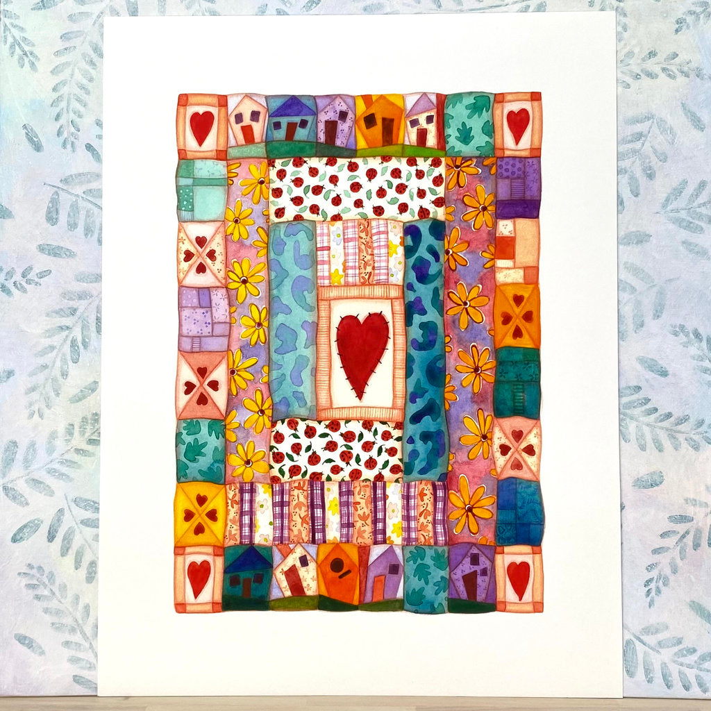 Heart Quilt with Ladybirds - Premium Artist's Print