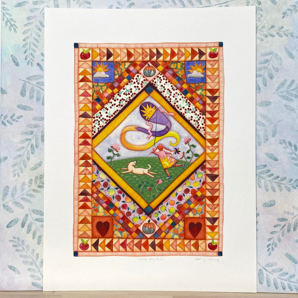 Child and Dog Kite Flying in Autumn - Print