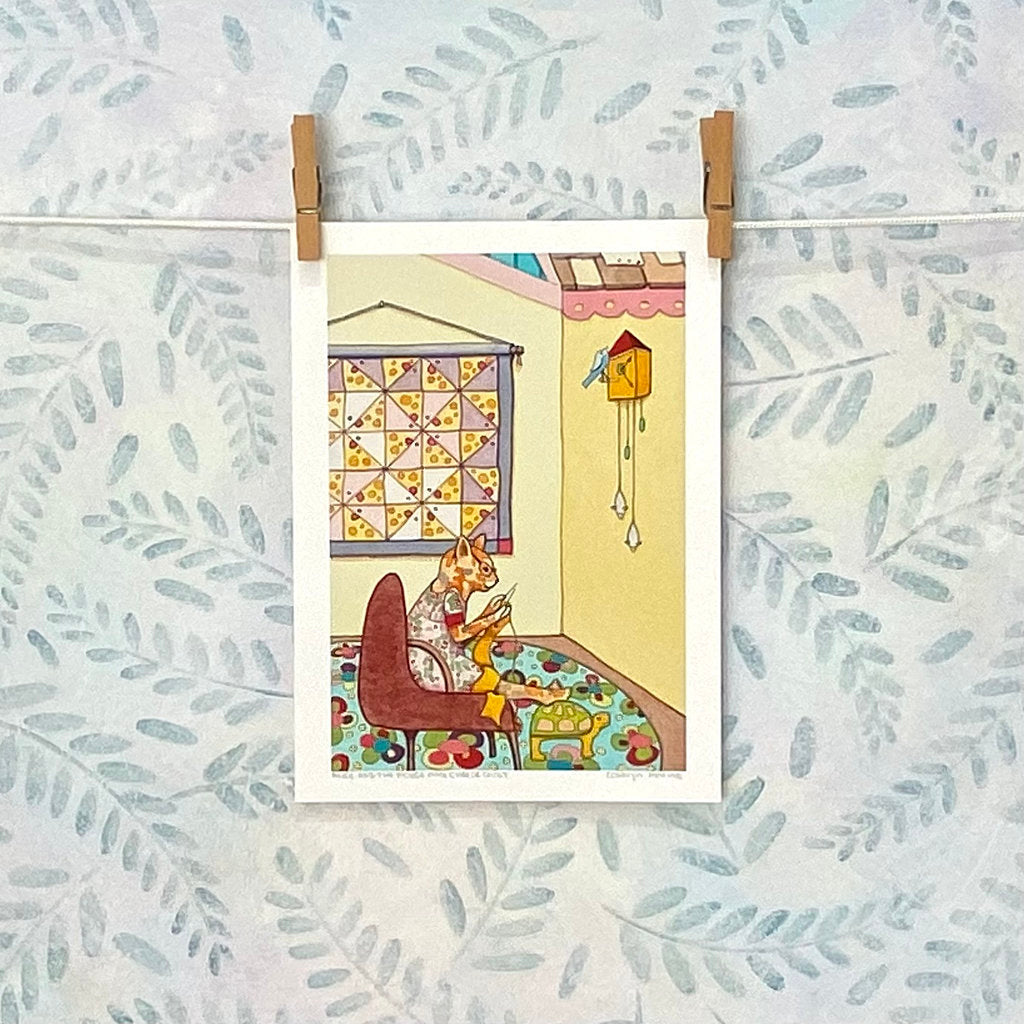 Unframed Print of a Cat Knitting Happily (R5-alis)