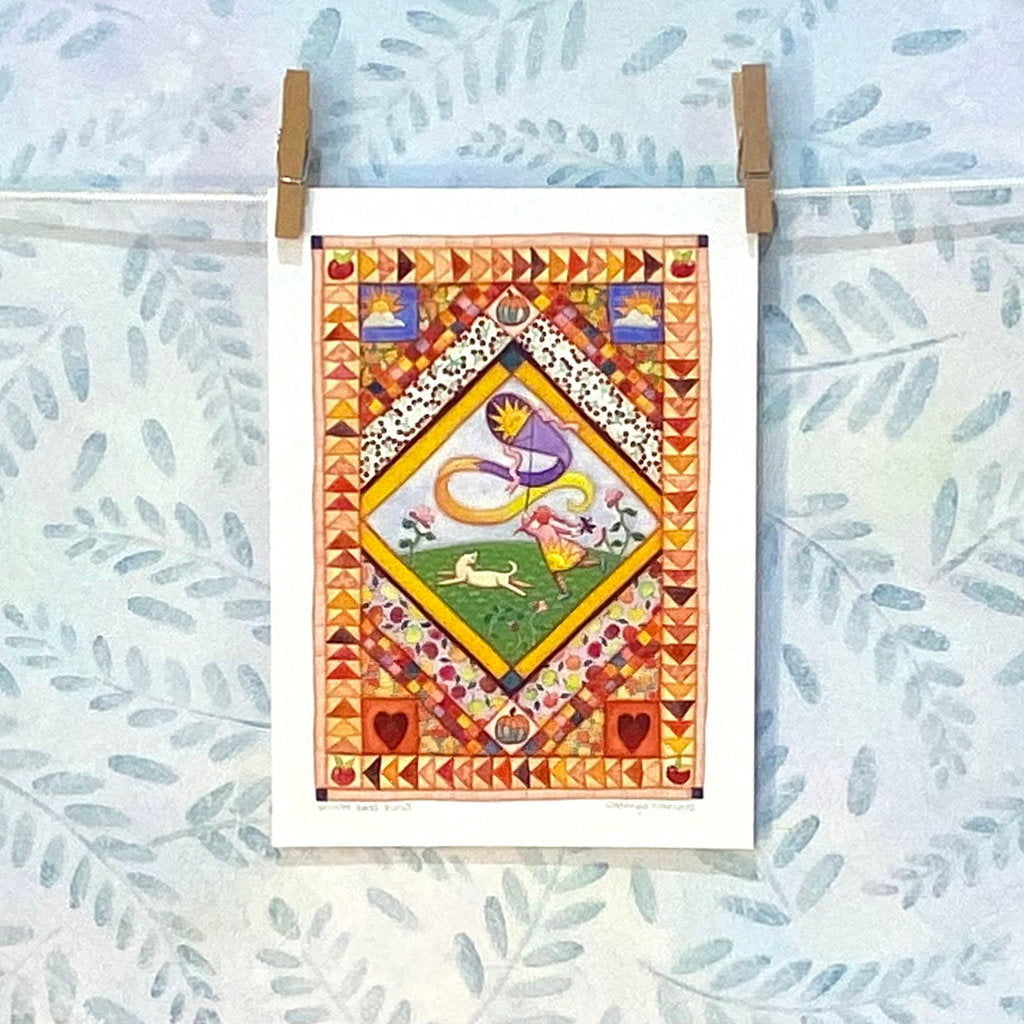 Child and Dog Kite Flying in Autumn - Print