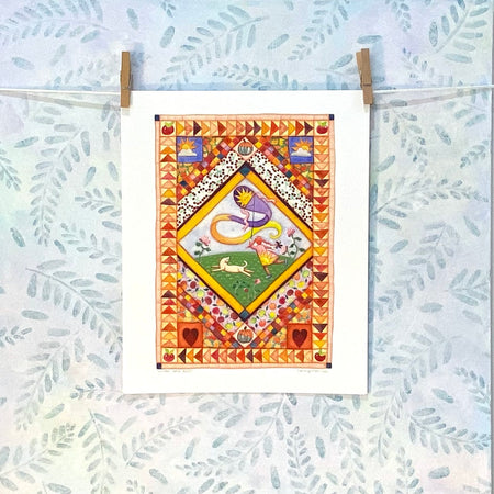 Child and Dog Kite Flying in Autumn - Print