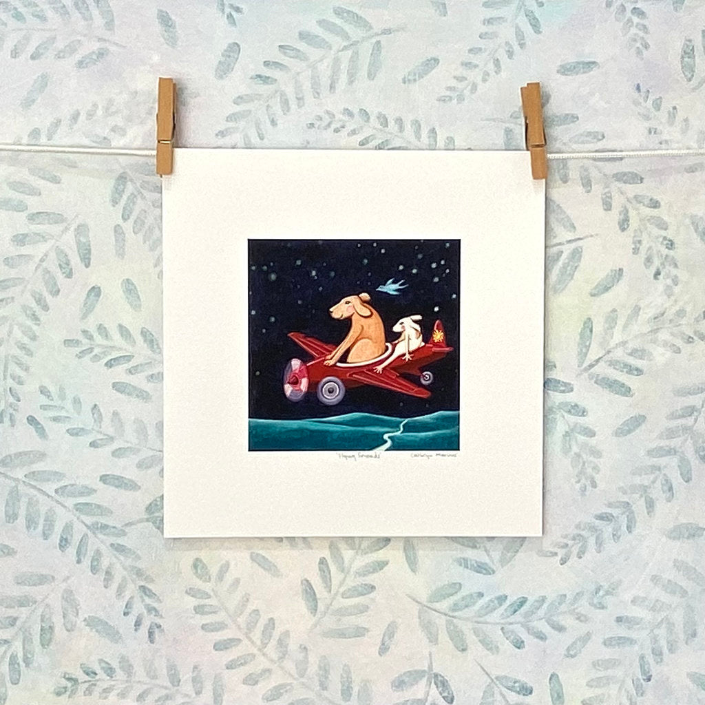 Dog and White Bunny Flying - Childrern's Art Print