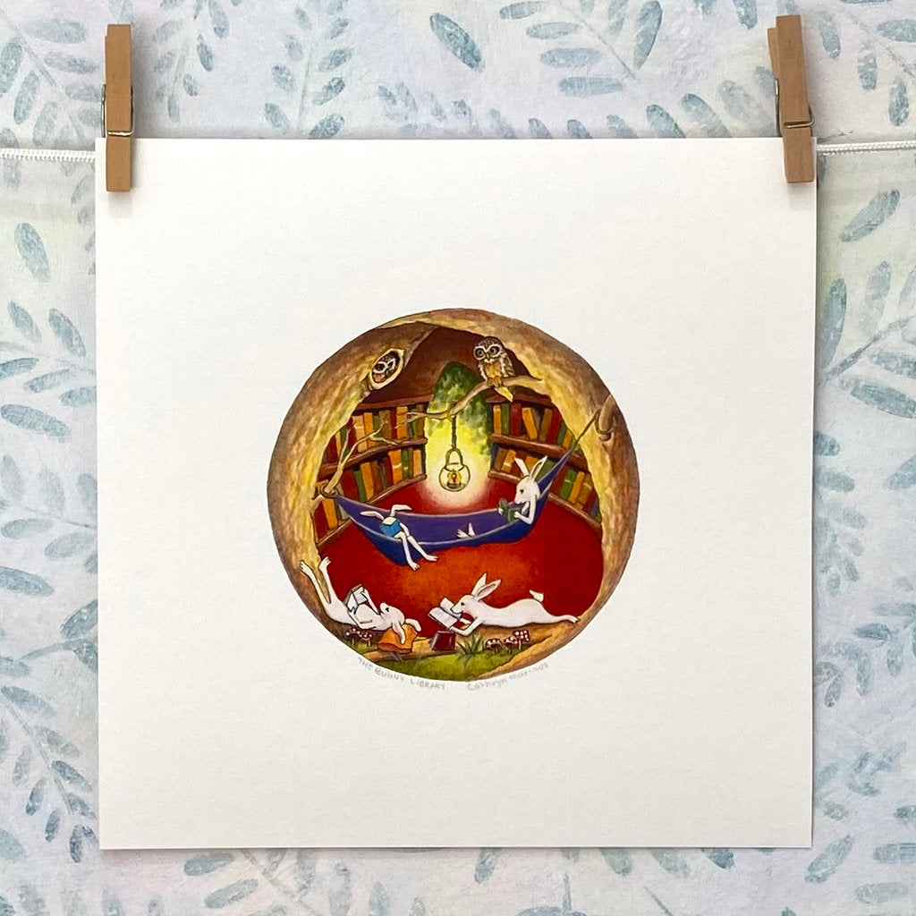 Bunnies Reading in Forest Library with Owls - Print (S11-buns)
