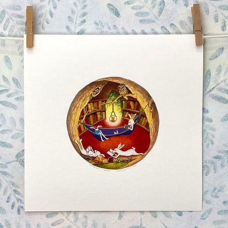 Bunnies Reading in Forest Library with Owls - Print (S11-buns)