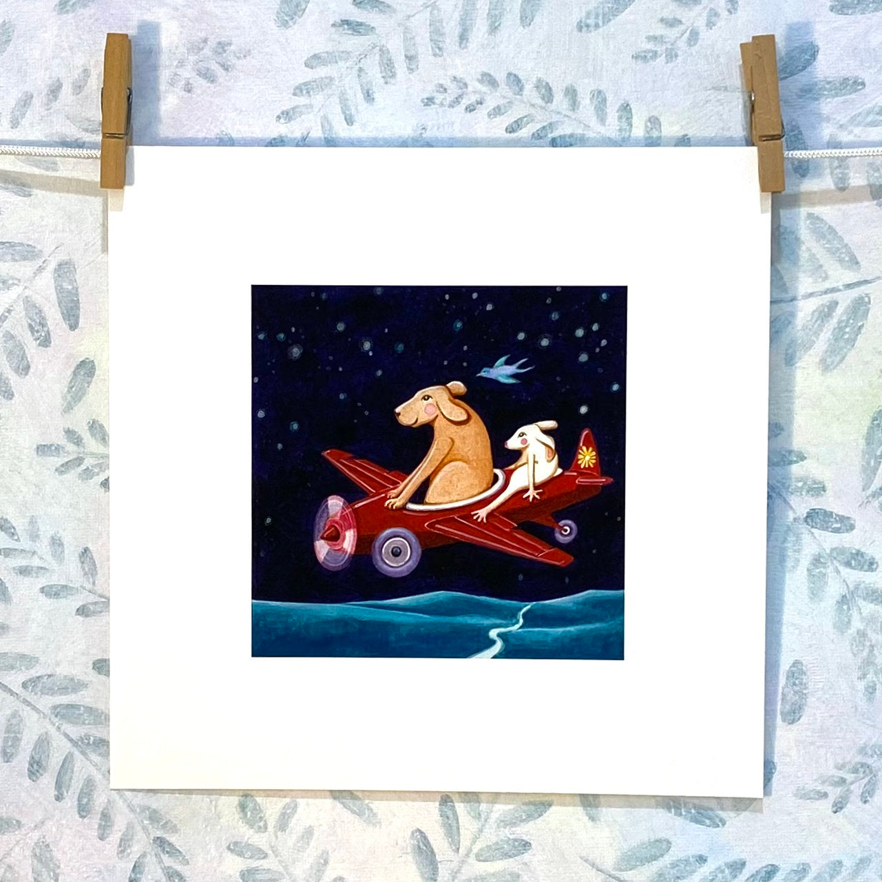 Dog and White Bunny Flying - Childrern's Art Print