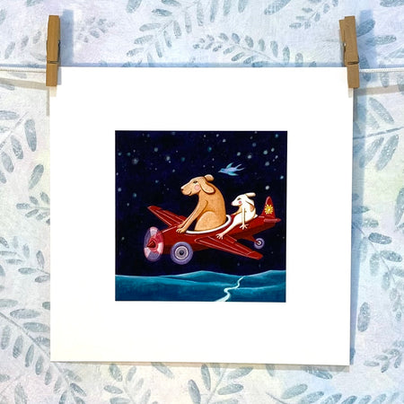 Dog and White Bunny Flying - Childrern's Art Print