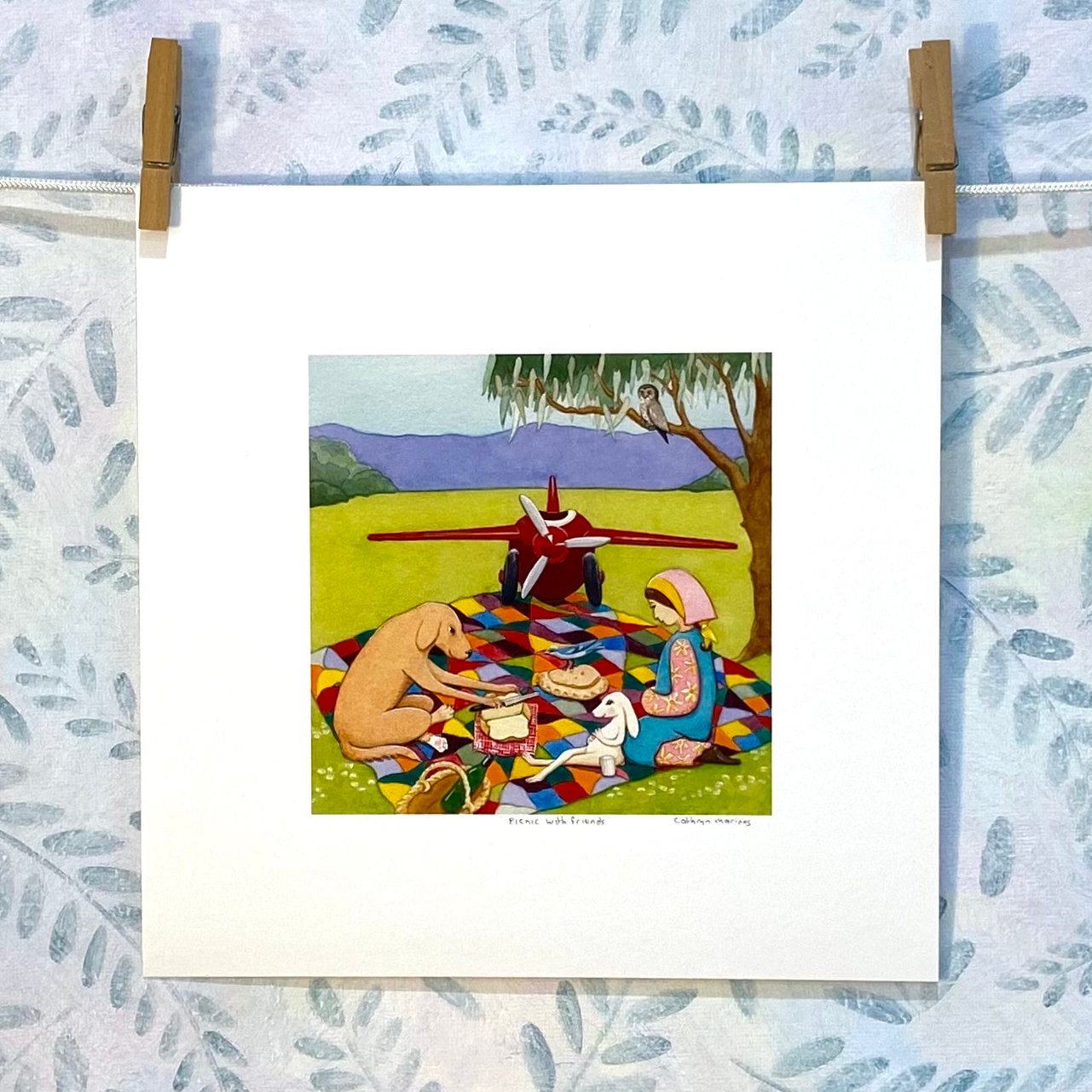 Happy Dog and Bunny Picnic - Children's Art Print