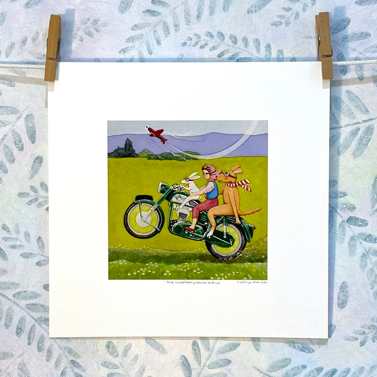 Bunny,Girl and Dog Riding a Motorcycle - Print
