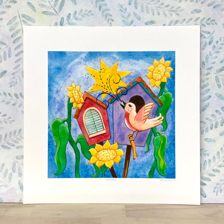 Cheerful Bird and Sunflowers - Art Print to Frame