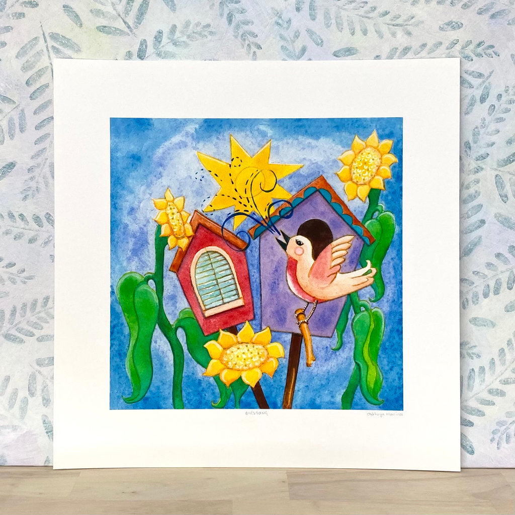 Cheerful Bird and Sunflowers - Art Print to Frame
