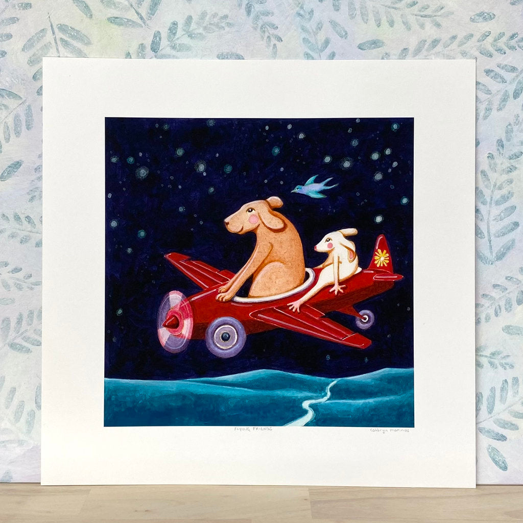 Dog and White Bunny Flying - Childrern's Art Print