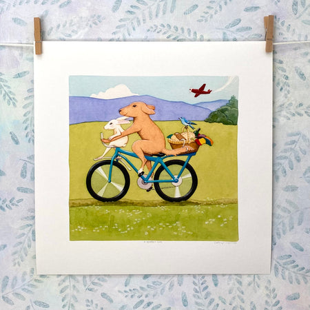 Peaceful Dog and Rabbit on a Bicycle - Print