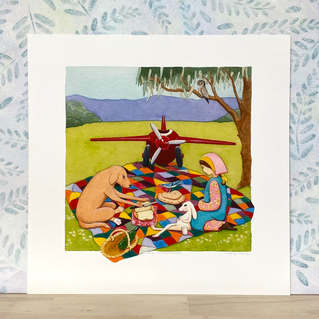 Happy Dog and Bunny Picnic - Children's Art Print