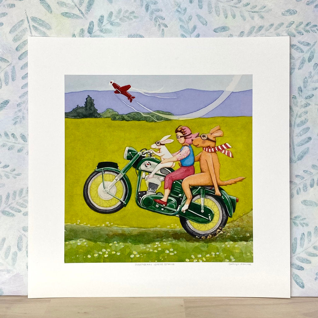 Bunny,Girl and Dog Riding a Motorcycle - Print