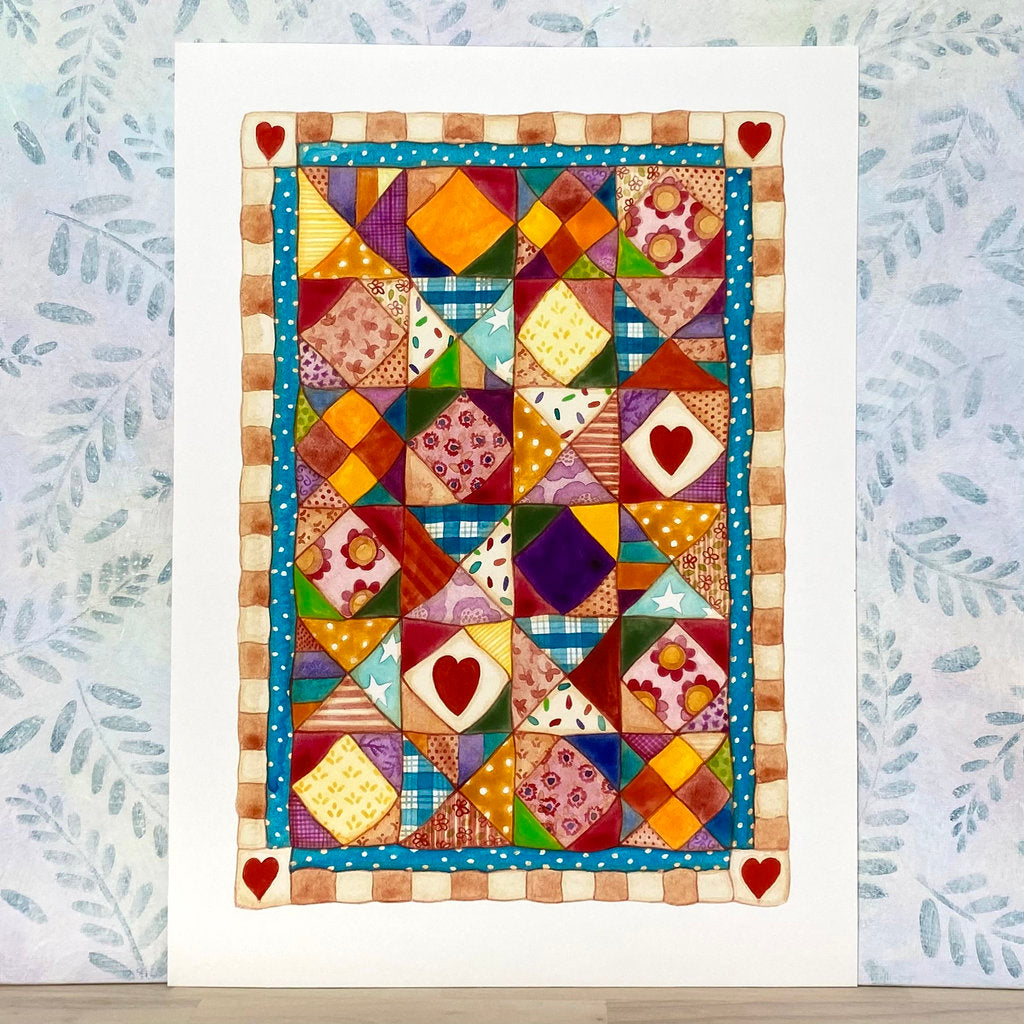 Colourful Patchwork Love Heart Quilt - Premium Art Print