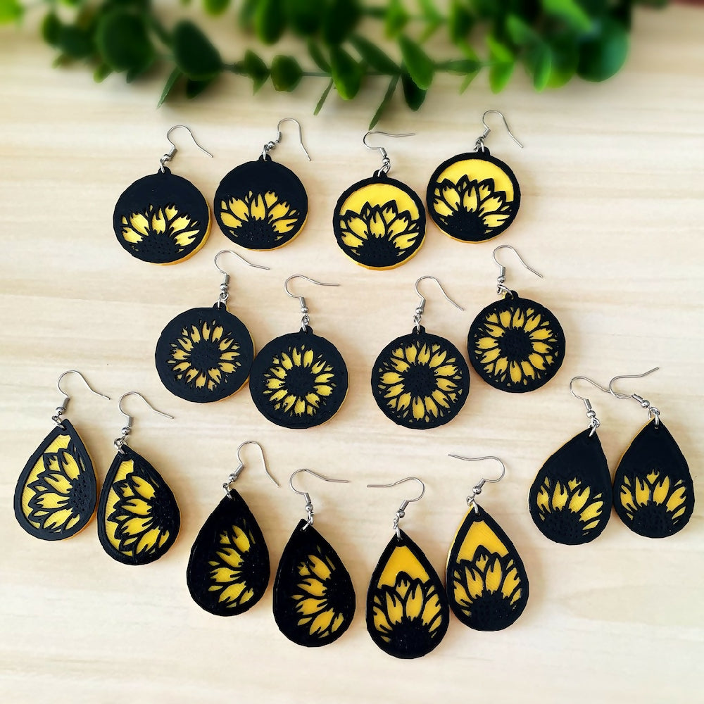 Australian-artist-handmade-jewellery-earrings-black-yellow-sunflower-earrings-group