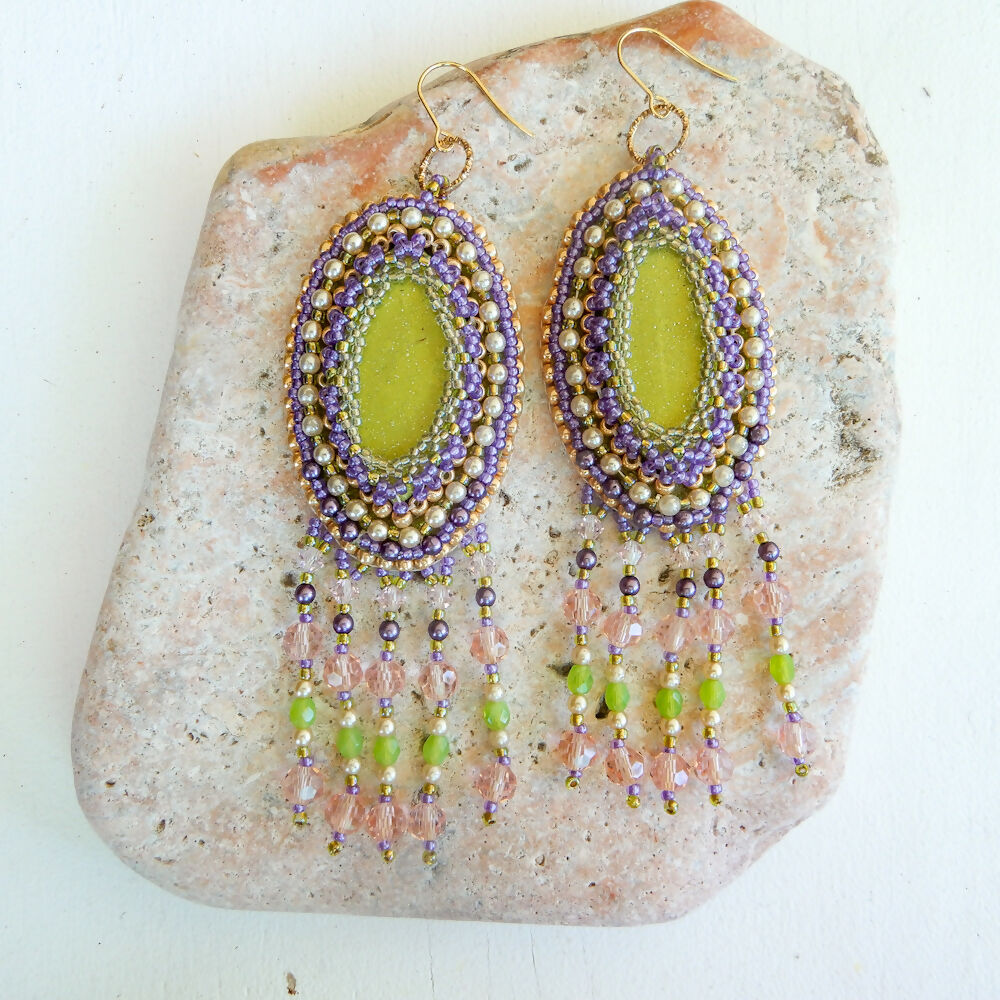 Lime and Pink Beaded Polymer Clay Earrings "Pink Lime"