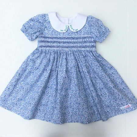 Blue Smocked Margaret Dress with Hand Embroidered Collar