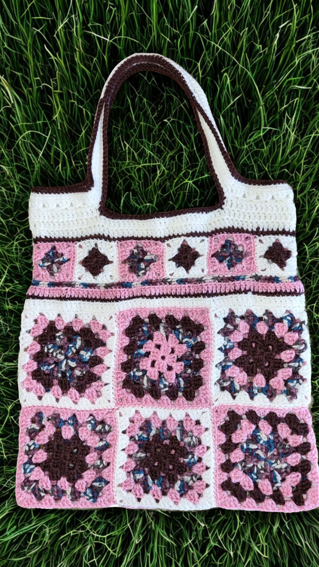 Handmade Granny Square Crocheted Market Bag - Raspberry Coconut, with Chocolate Drizzle