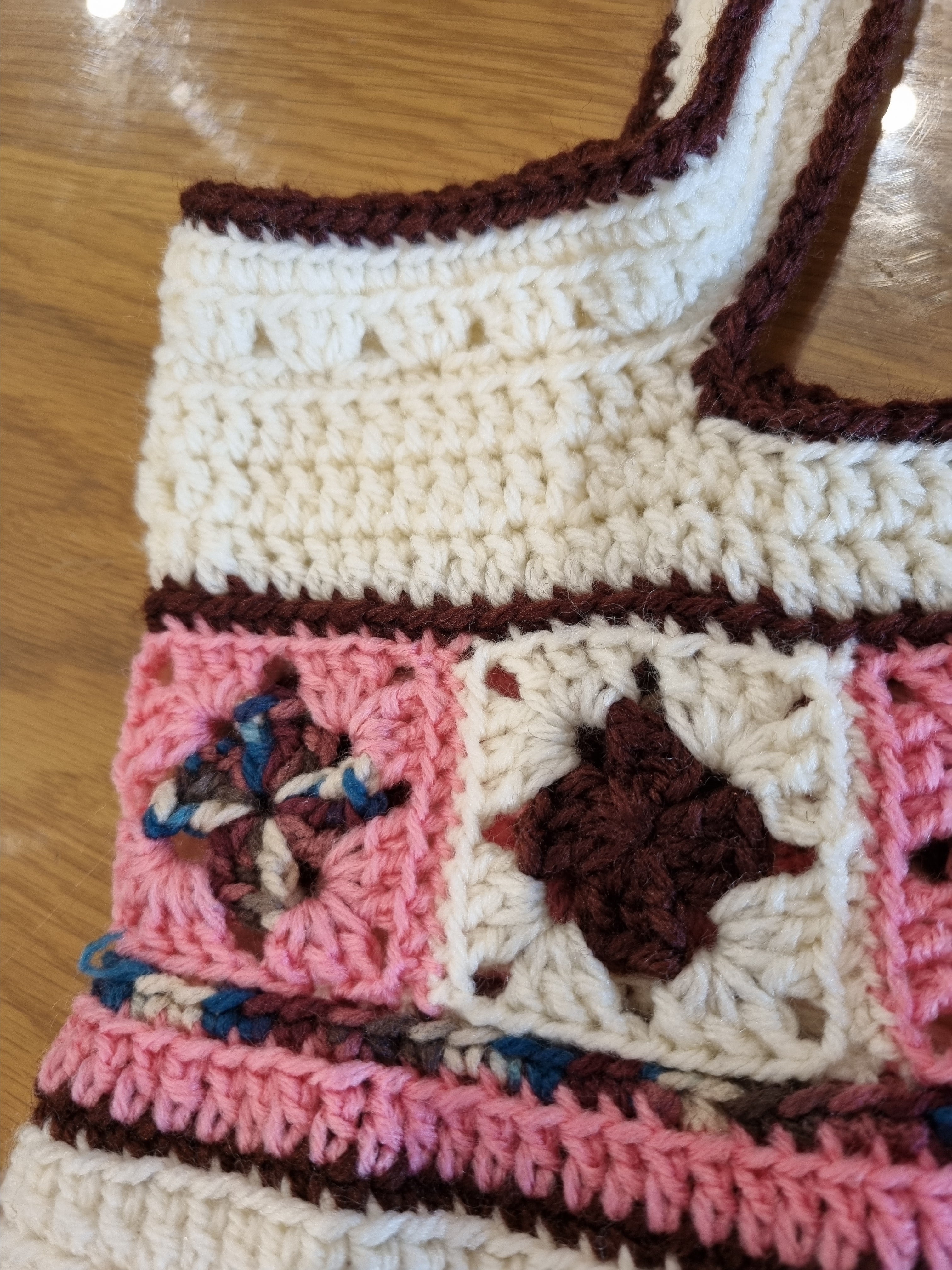 Handmade Granny Square Crocheted Market Bag - Raspberry Coconut, with Chocolate Drizzle