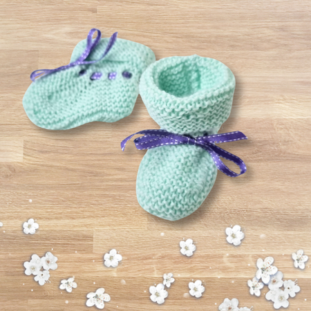 Green Baby Booties with Purple Ribbons