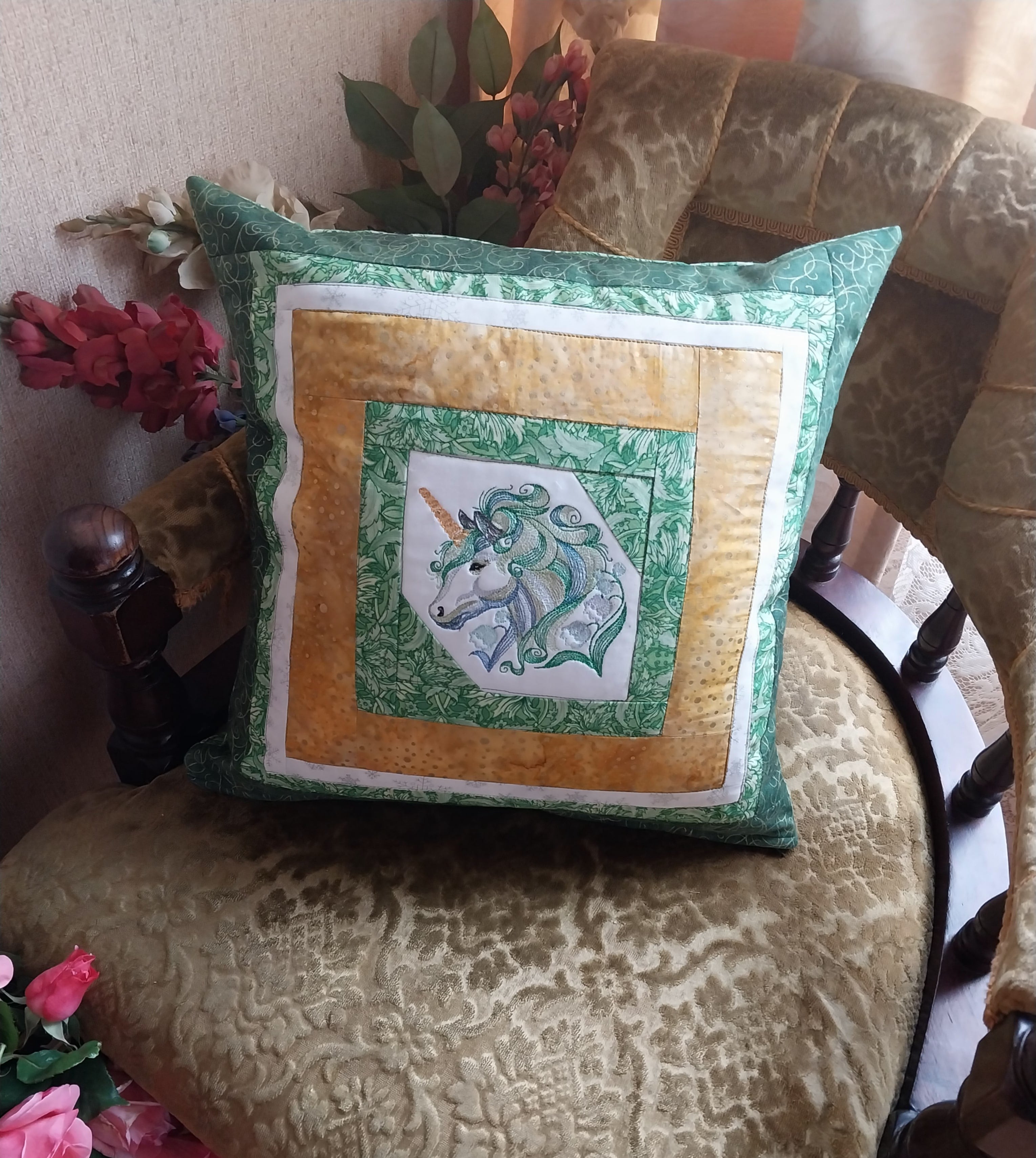 Green Unicorn Embroidered Patchwork Cushion Cover