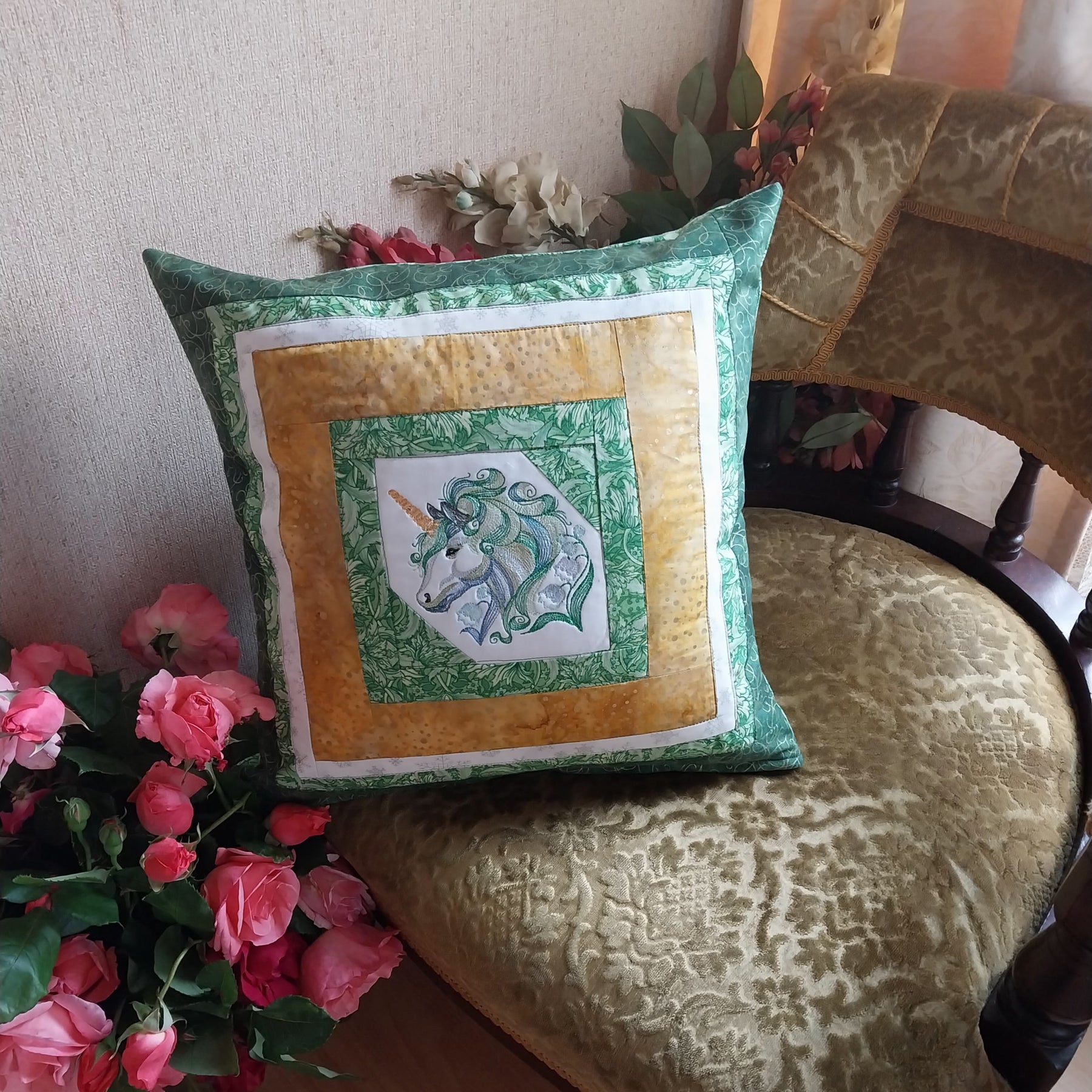 Green Unicorn Embroidered Patchwork Cushion Cover