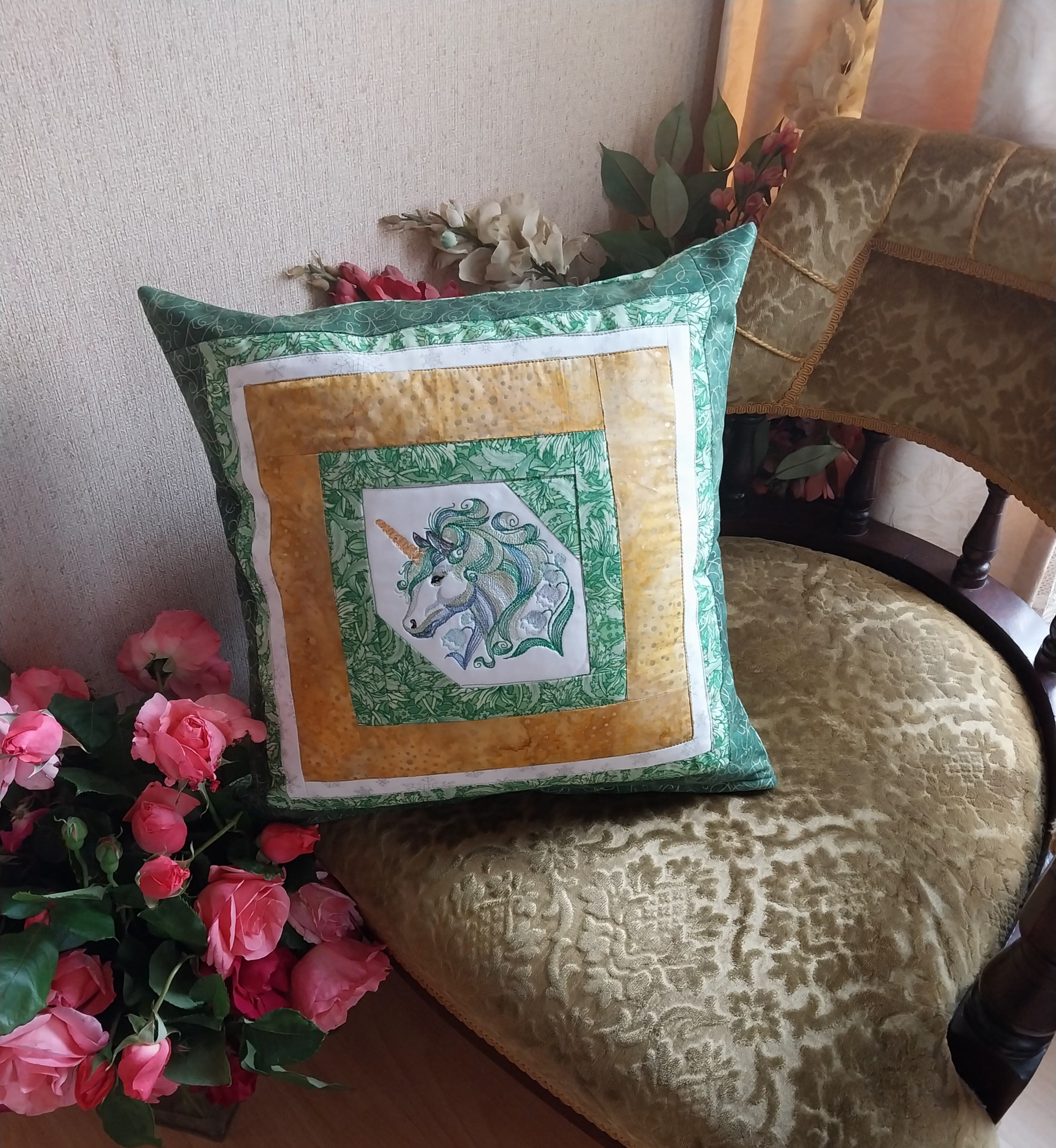 Green Unicorn Embroidered Patchwork Cushion Cover
