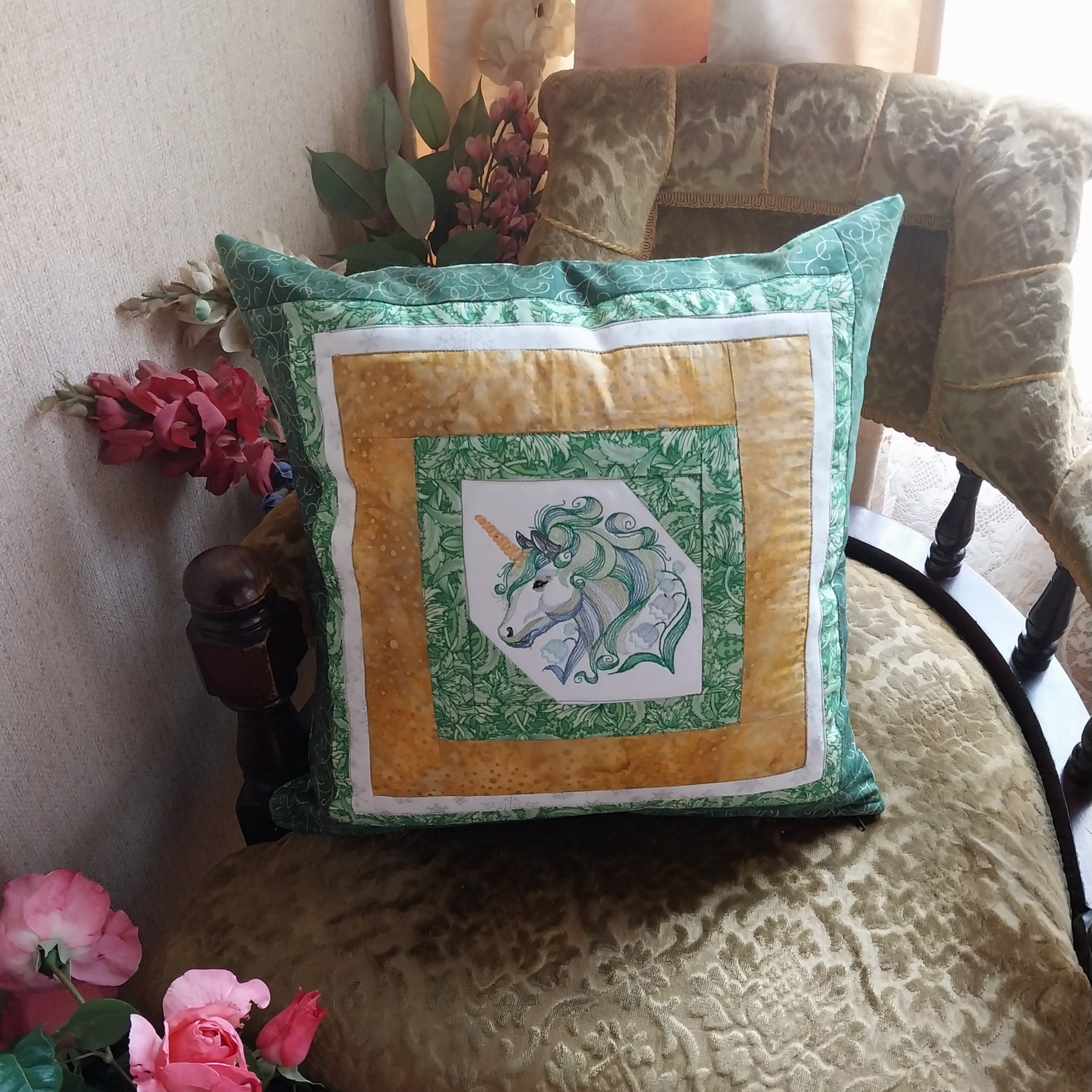 Green Unicorn Embroidered Patchwork Cushion Cover