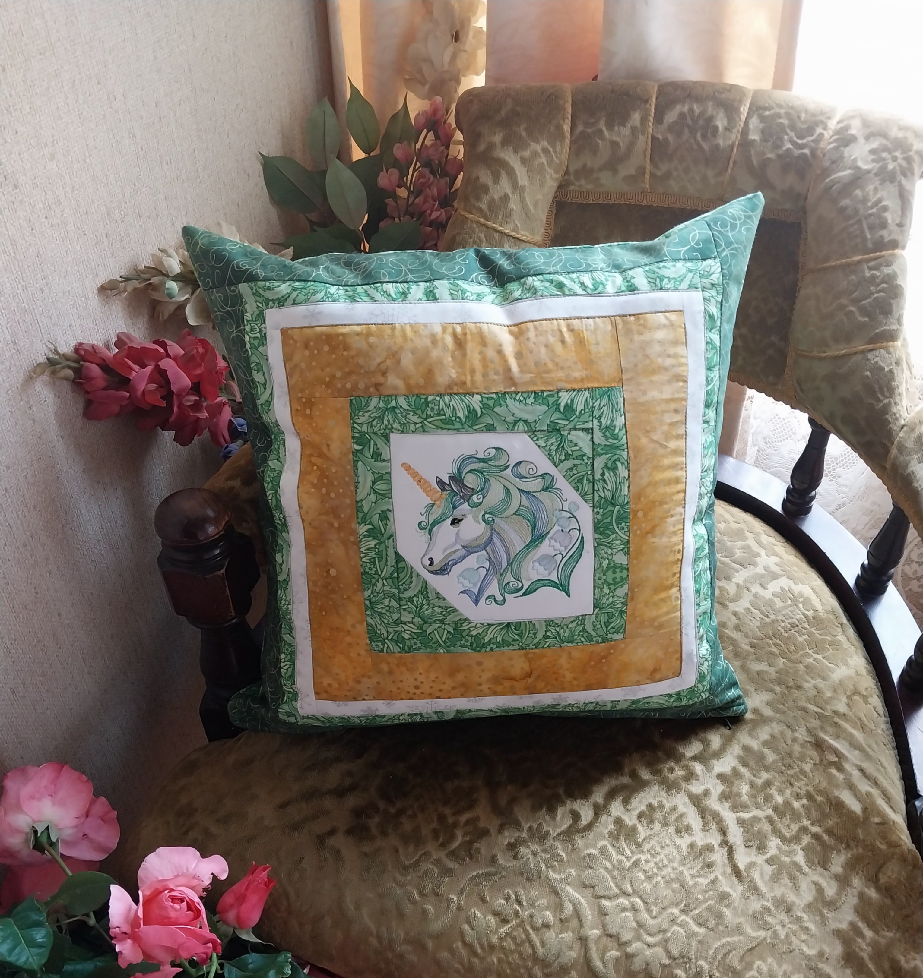 Green Unicorn Embroidered Patchwork Cushion Cover