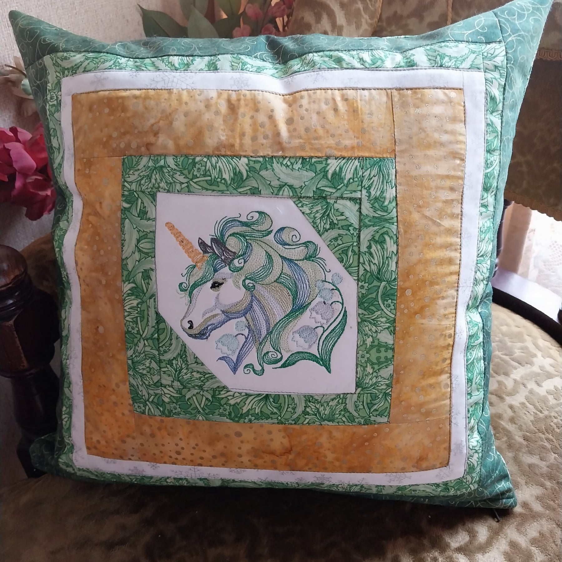 Green Unicorn Embroidered Patchwork Cushion Cover