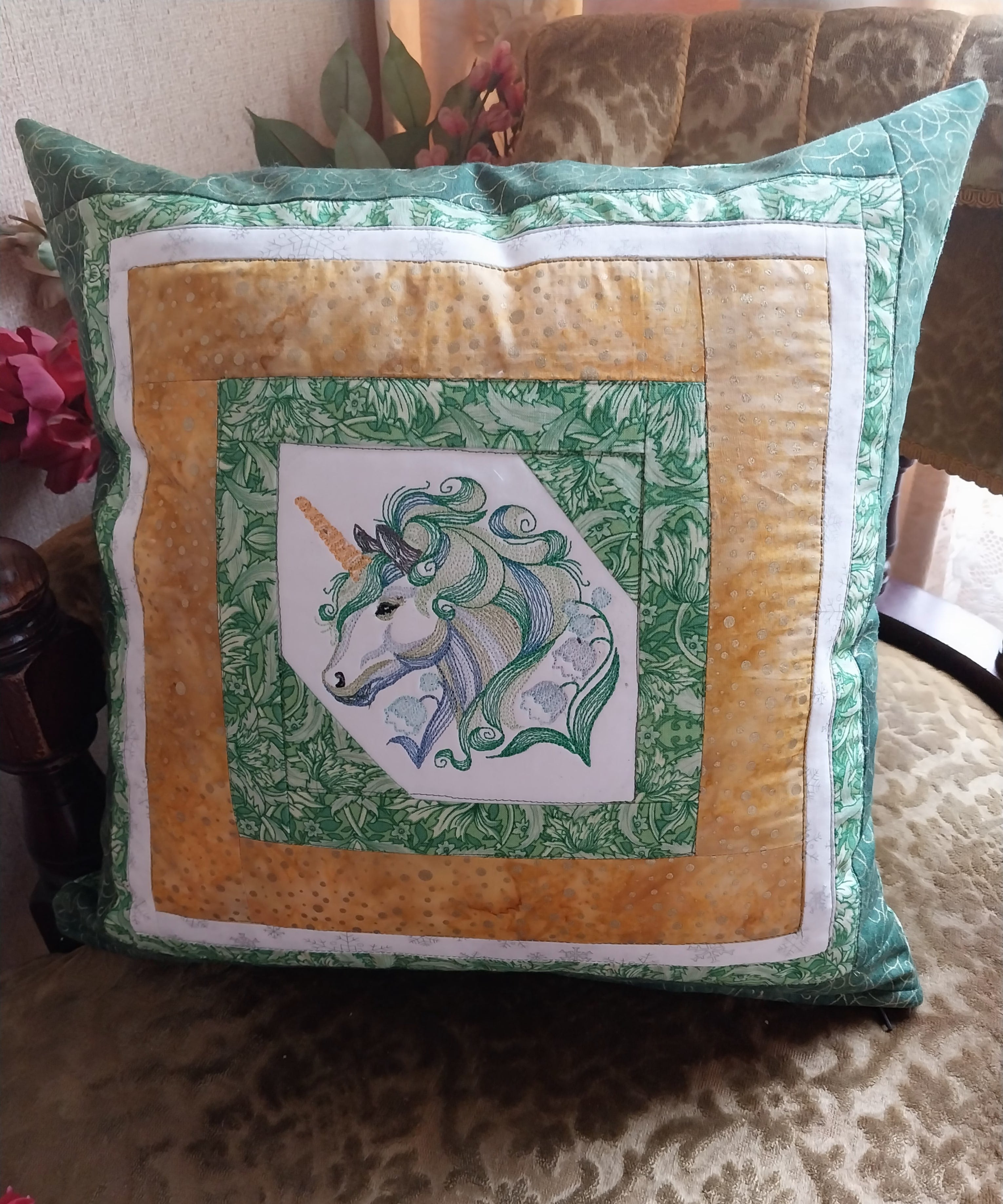 Green Unicorn Embroidered Patchwork Cushion Cover