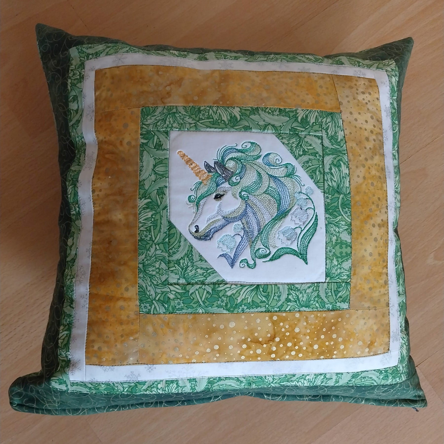Green Unicorn Embroidered Patchwork Cushion Cover