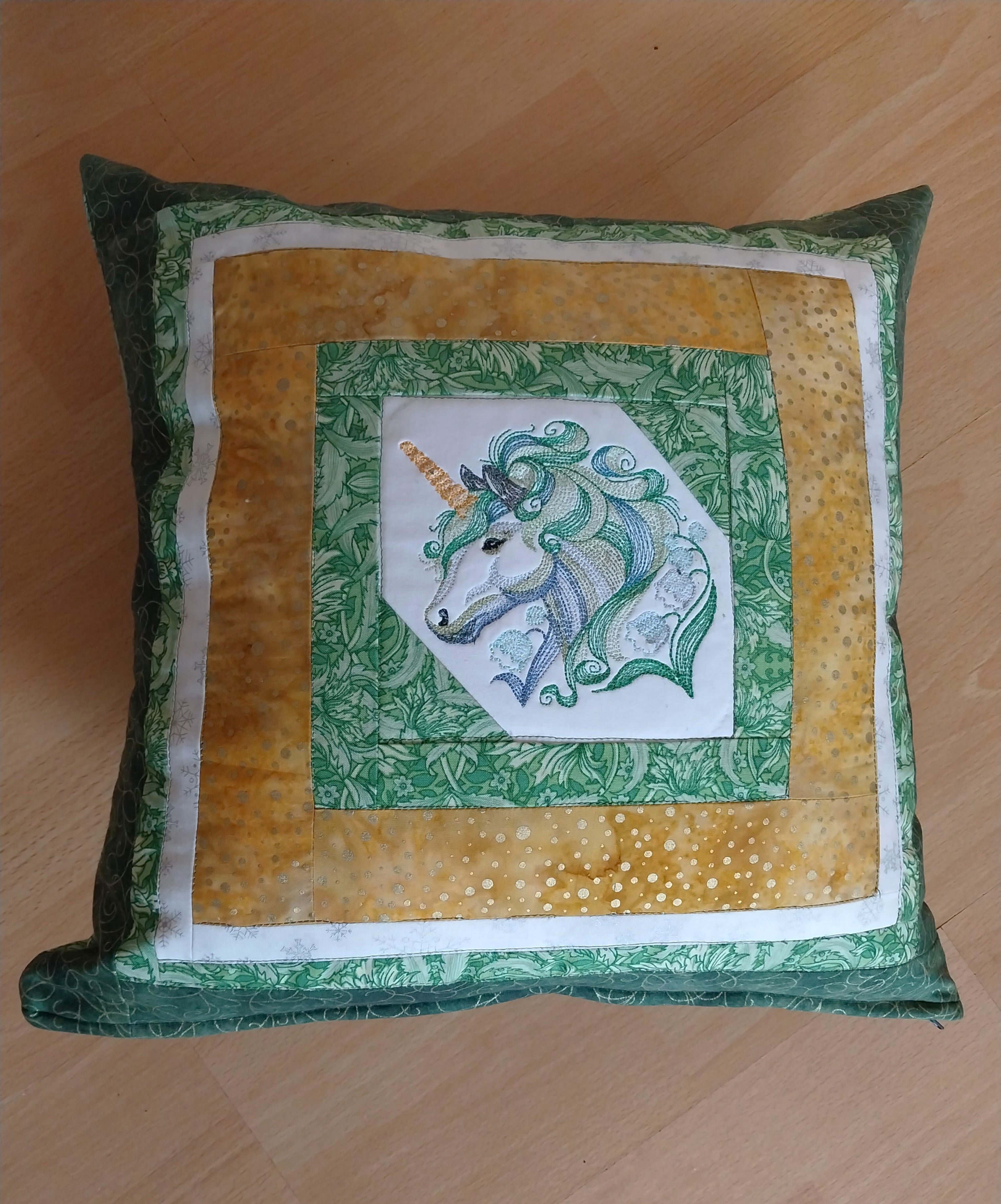 Green Unicorn Embroidered Patchwork Cushion Cover