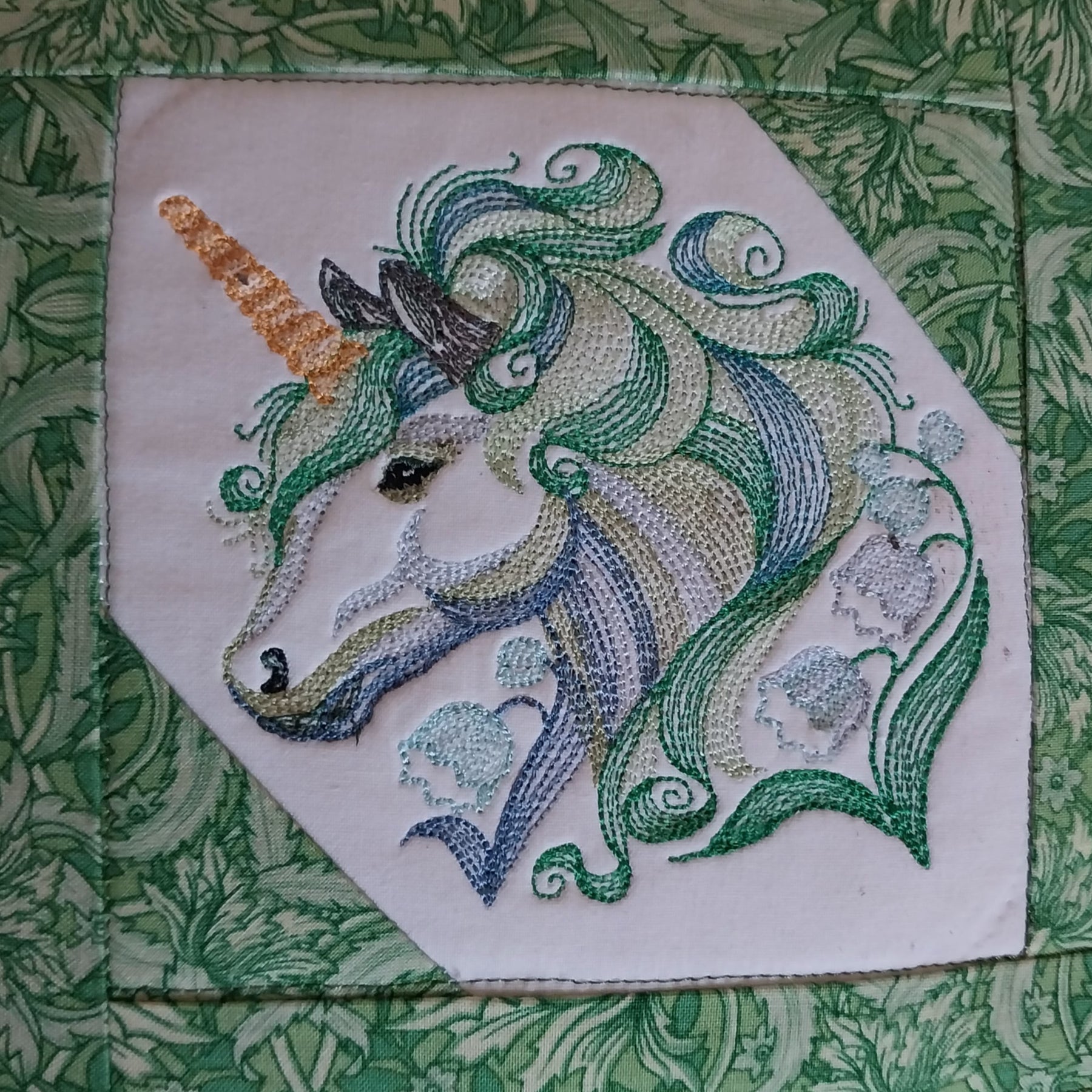 Green Unicorn Embroidered Patchwork Cushion Cover