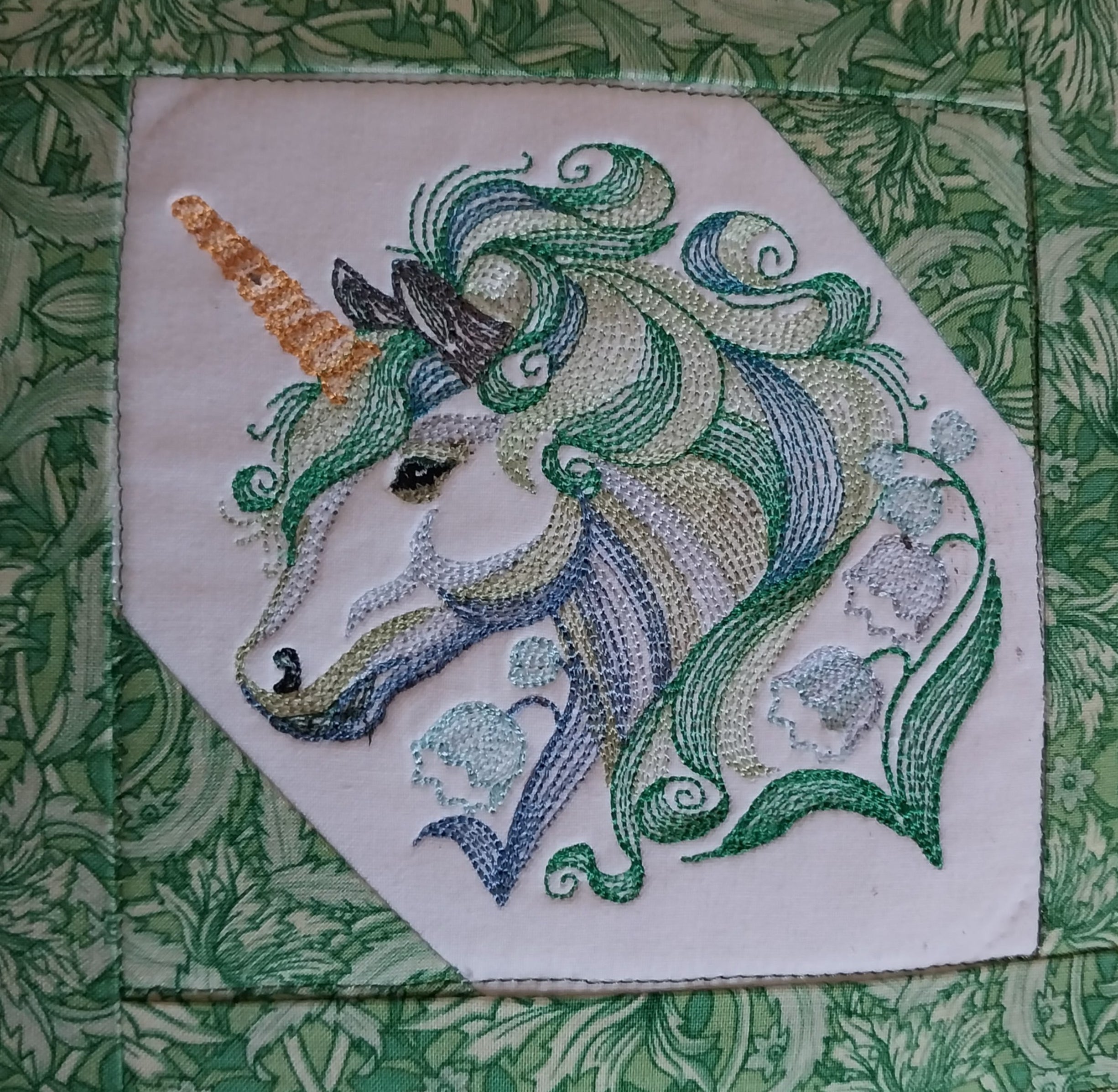 Green Unicorn Embroidered Patchwork Cushion Cover