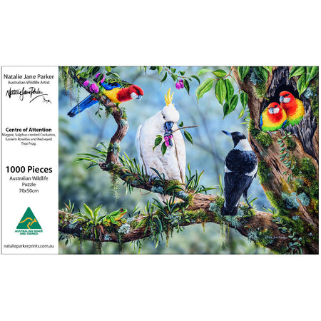 Aussie Bird Jigsaw Puzzle | Centre of Attention | 1000 Piece | Magpie, Cockatoo, Rosellas & Frog