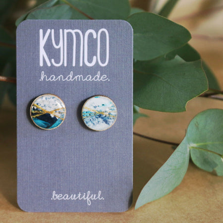 Sea and Sky Collection| Round resin stud earrings| Blue Gold lines