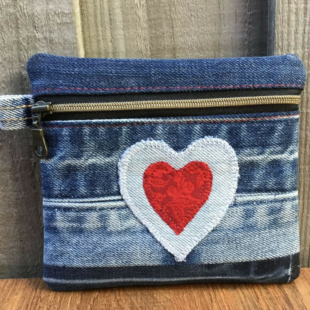 Upcycled Denim Coin Pouch - Denim & Red Heart