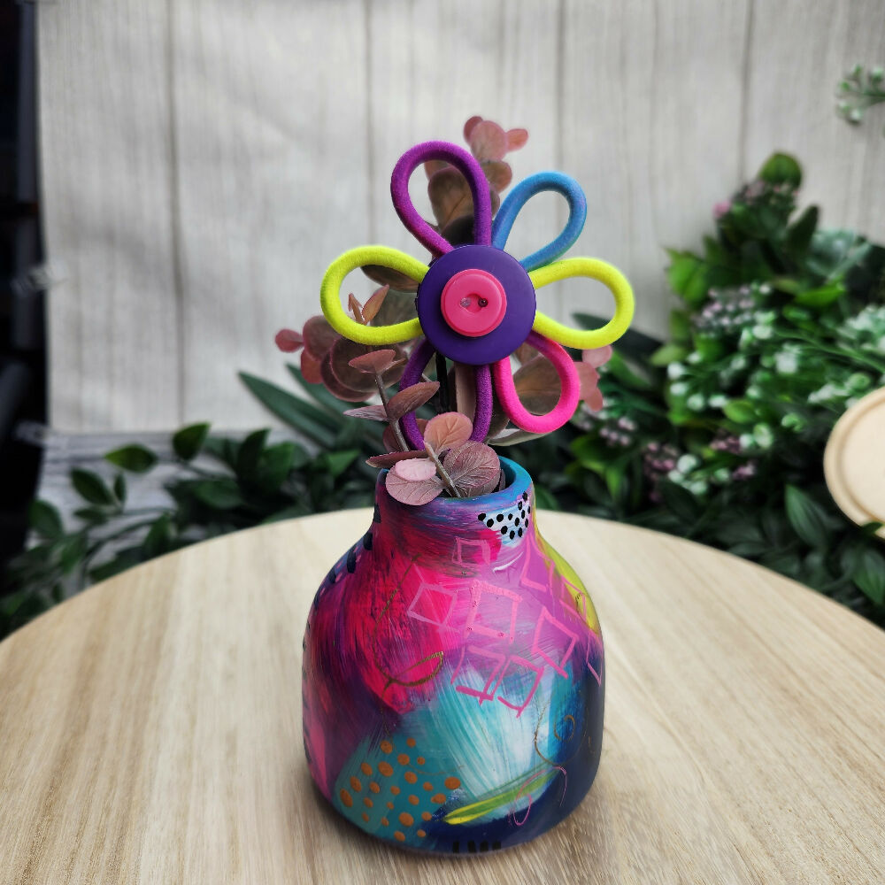 Blooming Buttons - Handpainted Squat Vase with Button Flowers