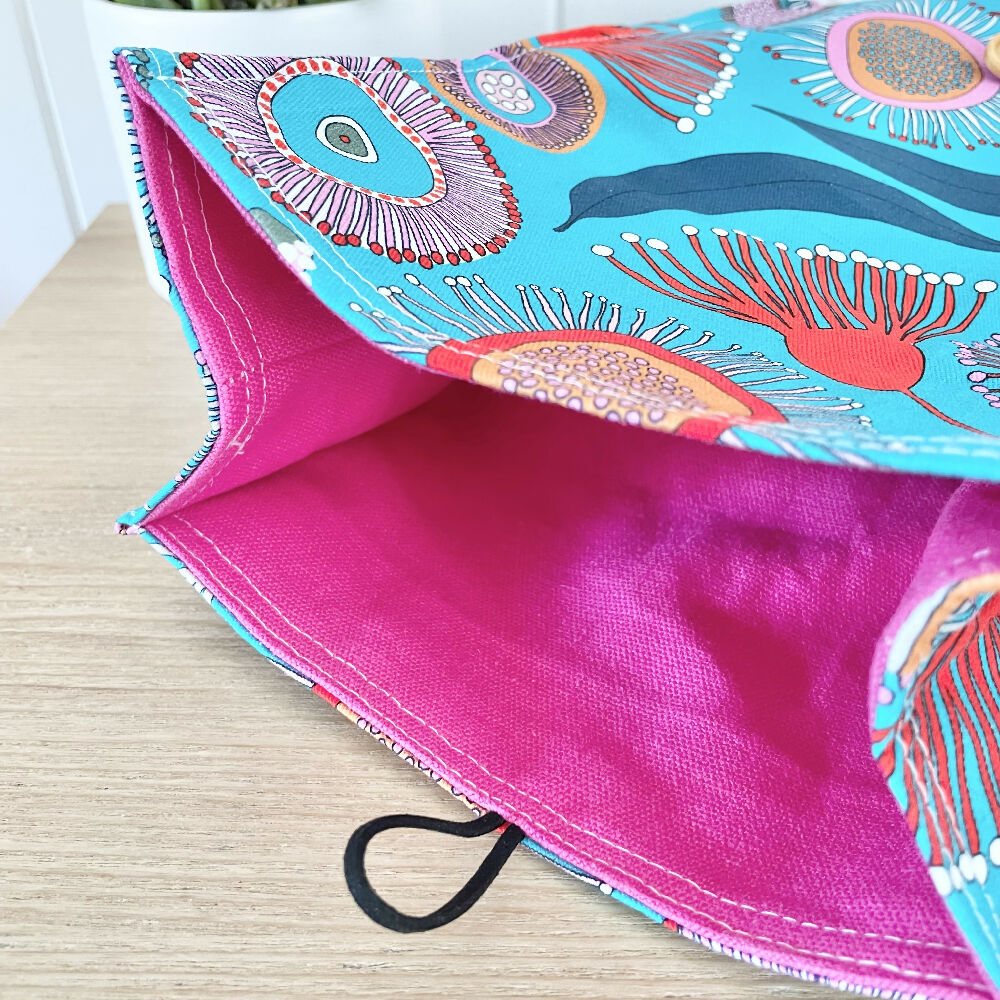 Lunch Bag Cotton Canvas~ Reusable, Fold Over~ Blossoms Blue