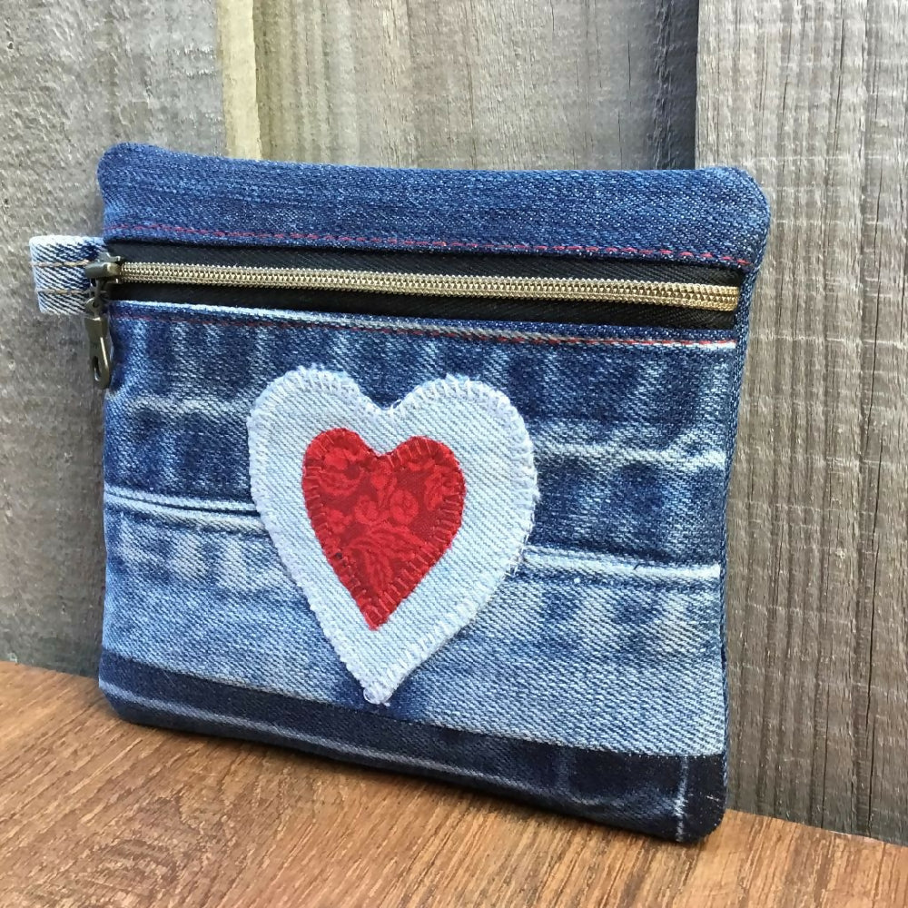 Upcycled Denim Coin Pouch - Denim & Red Heart