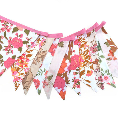 Hand Made - RETRO 'Pink Peach Bright Floral' Flag Bunting Decoration.