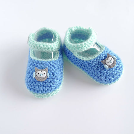 Blue and mint green baby booties with owls size 0-6 months