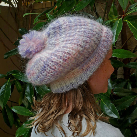 Pink variegated mohair slouchy beanie. Adult. Hand knitted. Free shipping.