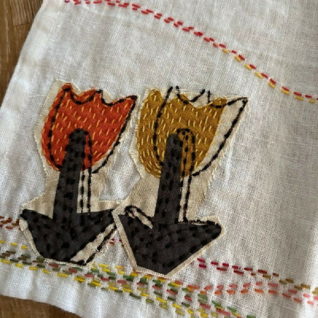 Hand stitched pure linen tea towel - Retro Tulips