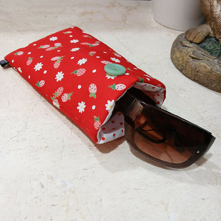 Sunglass case protector, eyewear case, strawberry and white print fabric